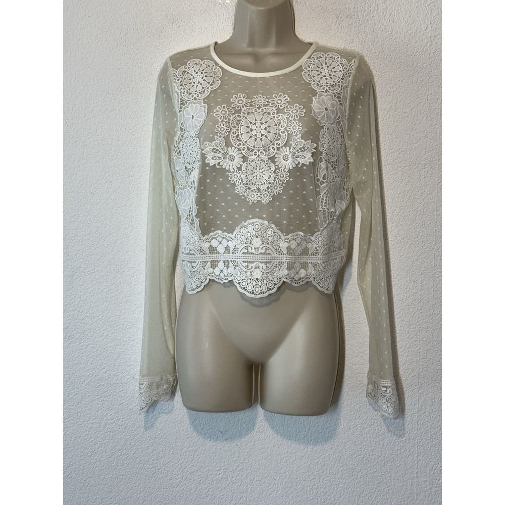 Y2KIvory Sheer Mesh Lace Crocheted Shirt Top Sz M Boho Fairy Coquette Scalloped
